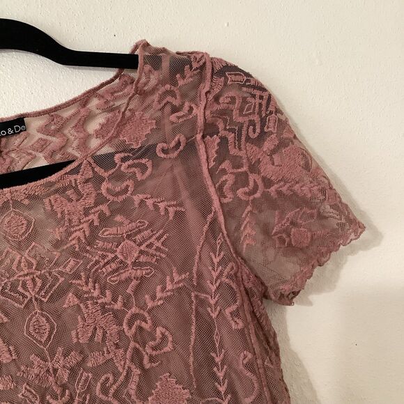 Ro & De Nordstrom Boho Hippie Pink Lace Mesh Embroidered Top Small - Picture 3 of 10